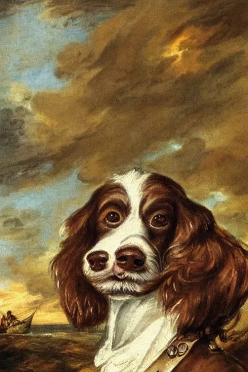 Image similar to A painted portrait of a brown haired springer spaniel wearing a sea captain's clothing, by Thomas Gainsborough, elegant, highly detailed, anthro, anthropomorphic dog