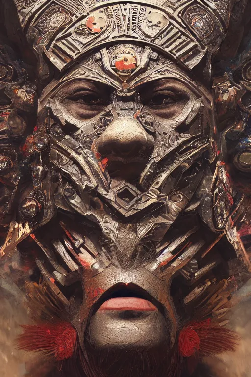 Image similar to aztec god, close - up portrait, powerfull, intricate, elegant, volumetric lighting, scenery, digital painting, highly detailed, artstation, sharp focus, illustration, concept art, ruan jia, steve mccurry