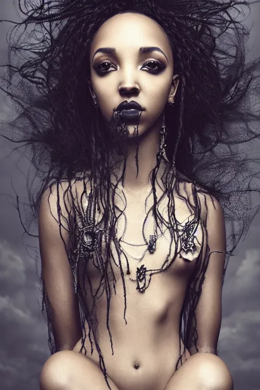 Image similar to a photorealistic portrait of tinashe as mysterious dark goddess of death, realism, clouds, swirling fabric, elaborate ornate growth, gilded relief, trending on artstation, by alessio albi