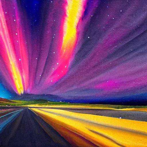 Prompt: water painting of an endless street in the desert at night, northern lights