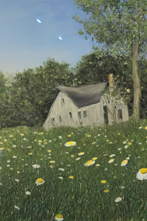 Image similar to night, the moon is shining, chamomile field, unfinished house, shadows from trees, hyper realism