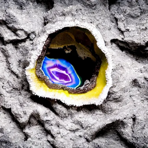 Image similar to photography of a geode with a a small body of an alien skellet inside it