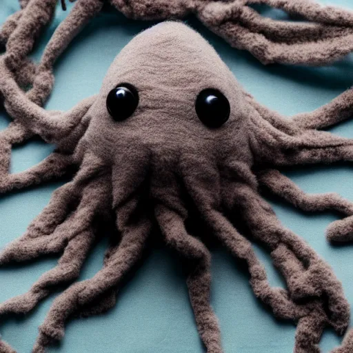 Prompt: a 105 mm macro image of a very cute fluffy stuffed wool Cthulhu toy sitting on a boy's bed