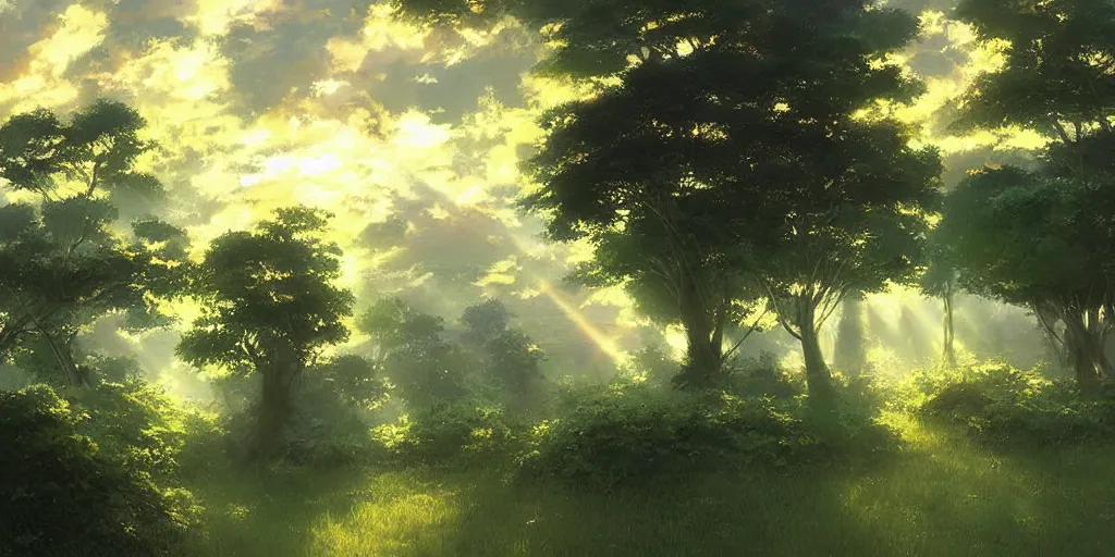 Prompt: light pouring through the clouds vivid exuberant immaculate digital painting golden hour light mist refractive lighting lush greenery by makoto shinkai takashi takeuchi yoshiyuki sadamoto