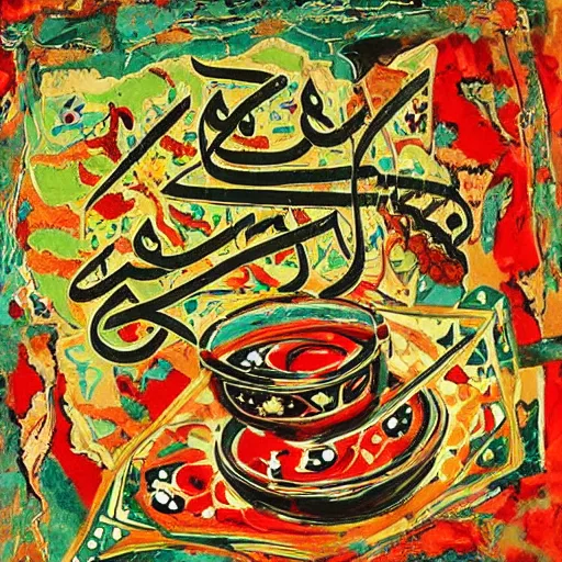 Image similar to Arabic calligraphy, Moroccan tea set, painting by jackson pollock