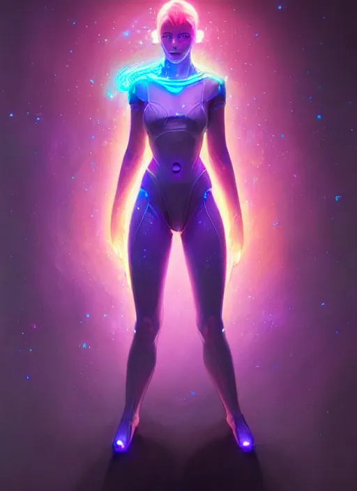 Image similar to a android faceless glowing liquefied stardust adventurer, dnd fantasy character, full body portrait, glowing neon skin, magical aura, ultra realistic, intricate, elegant, highly detailed, digital painting, artstation, smooth, sharp, focus, illustration, art by artgerm and greg rutkowski and alphonse mucha