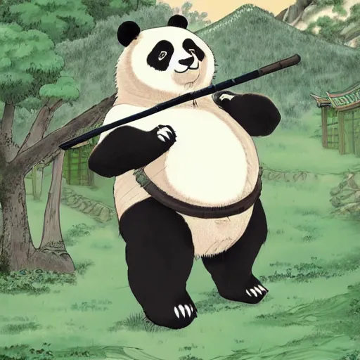 Prompt: panda bear wearing samurai armor standing in a ancient japanese village, big breasts, nsfw, highly detailed, ghibli style, by studio ghibli, art station, highly detailed