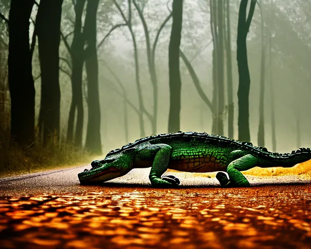 Prompt: a lomography photo of crocodile with fairy wings on foggy forest road this morning, bokeh,