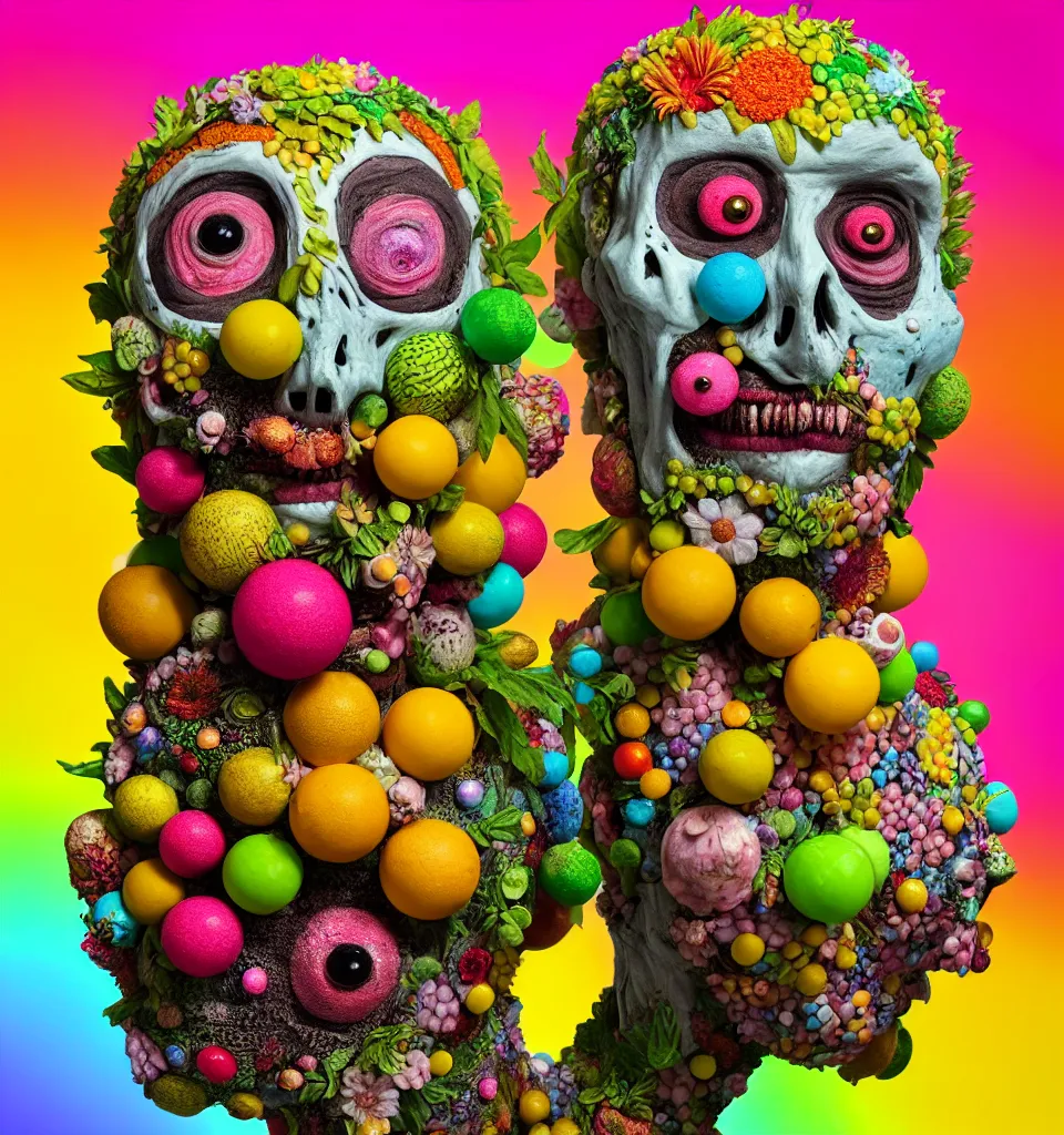 Prompt: headshot of a trickster nature zombie, head made of fruit and flowers in the style of arcimboldo, covered with iridescent bubbles, fragonard, photorealistic, dynamic lighting, action figure, clay sculpture, claymation, turquoise pink and yellow, rainbow stripe backdrop