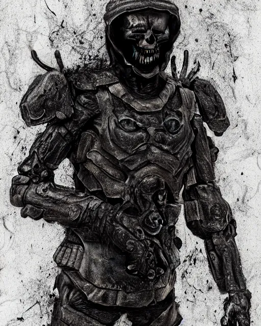 Prompt: full-body creepy realistic sketch central composition a decapitated soldier with futuristic elements. he welcomes you with no head, dark dimension, empty helmet inside is occult mystical symbolism headless full-length view. standing on ancient altar eldritch energies disturbing frightening eerie, hyper realism, 8k, sharpened depth of field, 3D