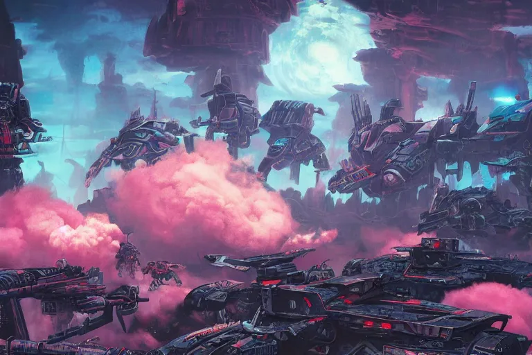Prompt: futuristic battlefield, warhammer 4 0 k, made of cotton candy, digitally painted by tim doyle, kilian eng and thomas kinkade, centered, uncropped