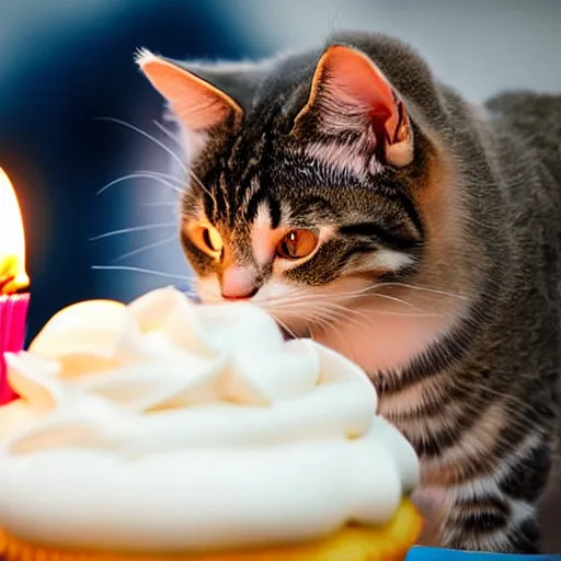 Image similar to a cute cat blowing out a candle on a cupcake