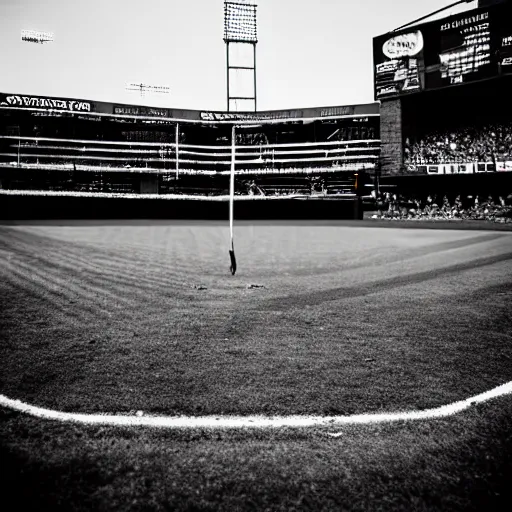 Prompt: home run at a baseball game, huge hit, broken bat, epic shot, baseball photography, black and white