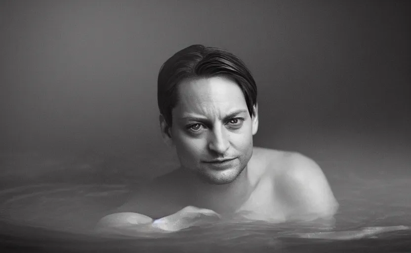 Image similar to photographic portrait by Annie Leibovitz of Tobey Maguire in a hot tub, closeup, foggy, sepia, moody, dream-like, sigma 85mm f/1.4, 15mm, 35mm, 4k, high resolution, 4k, 8k, hd, full color
