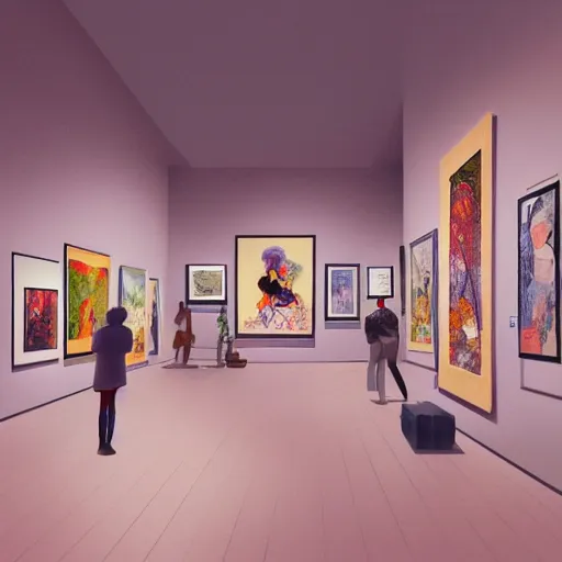 Image similar to illustration of modern art gallery, where there is a lot of paintings displayed from various artist, very fashion, octane render, displayed on the walls, by Victo Ngai and James Gilleard and Bruce Pennington