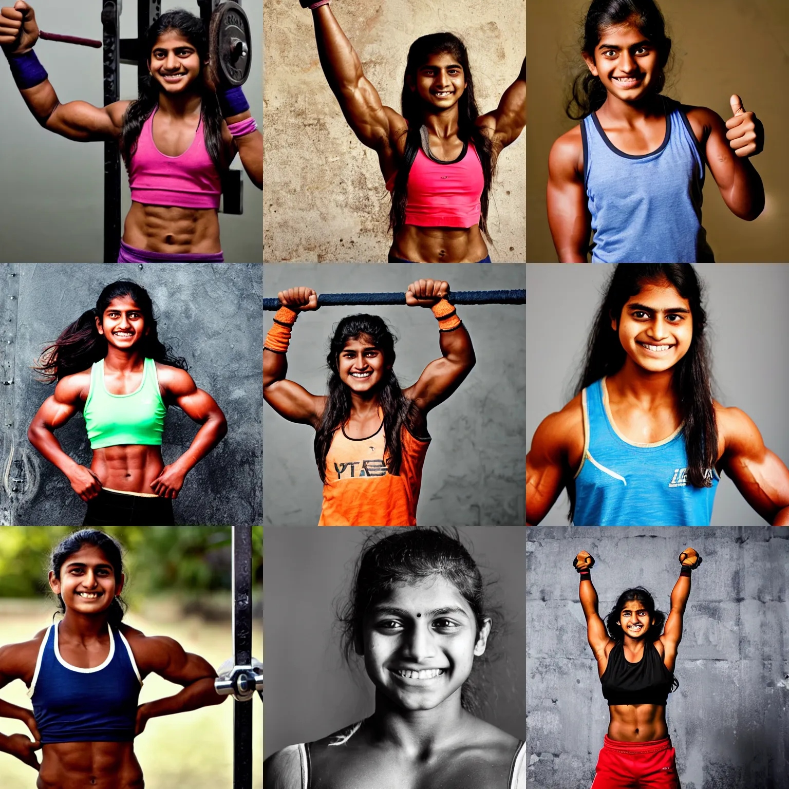 Prompt: Teenage Indian girl strong, muscular crossfit athlete, smiling, giving thumbs up, head and shoulders in frame, photo portrait by Annie Leibovitz