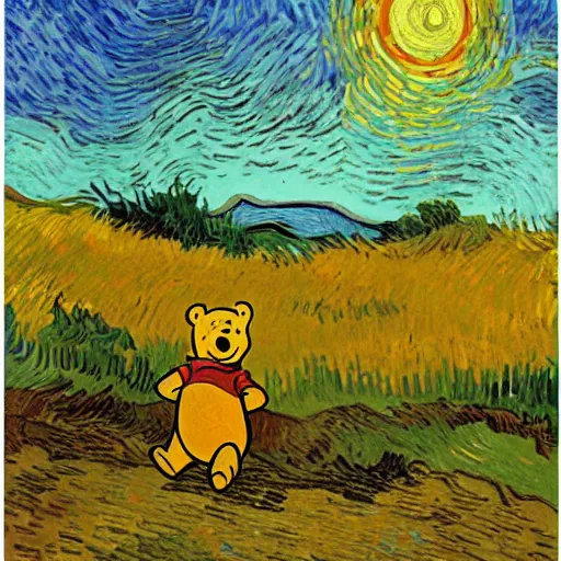 Image similar to winnie the pooh standing on a hill with sunset in background, oil painting, art by vincent van gogh