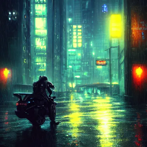 Prompt: Rain at night in a cyberpunk city, fantasy, medieval, vivid colrs, elegant, concept art, sharp focus, digital art, Hyper-realistic, 4K, Unreal Engine, Highly Detailed, HD, Dramatic Lighting by Brom, trending on Artstation