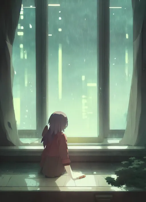 Prompt: interior background : { near the window, rainy outside }, illustration concept art anime key visual trending pixiv fanbox by wlop and greg rutkowski and makoto shinkai and studio ghibli