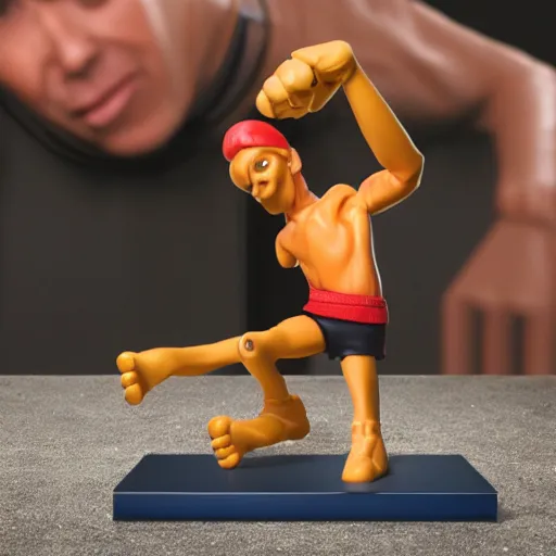 Prompt: toy called Stretch Armstrong, life size, fighting a small Indian man, golden hour, award winning,