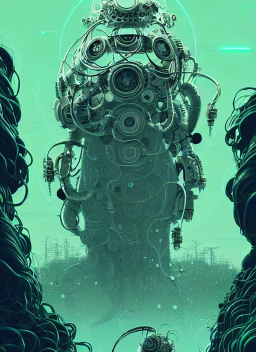 Image similar to highly detailed portrait of a biopunk long curly white hair tribal lady, stray wiring by atey ghailan, james gilleard, by joe fenton, by greg rutkowski, by greg tocchini, by kaethe butcher, 4 k resolution, gradient green, black and white color scheme!!! ( ( irradiated robotic mountain landscape background ) )