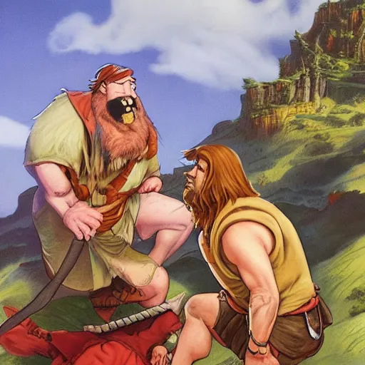 Prompt: groo the wanderer and rufferto in an epic pose on top of a mountain painted by alex ross