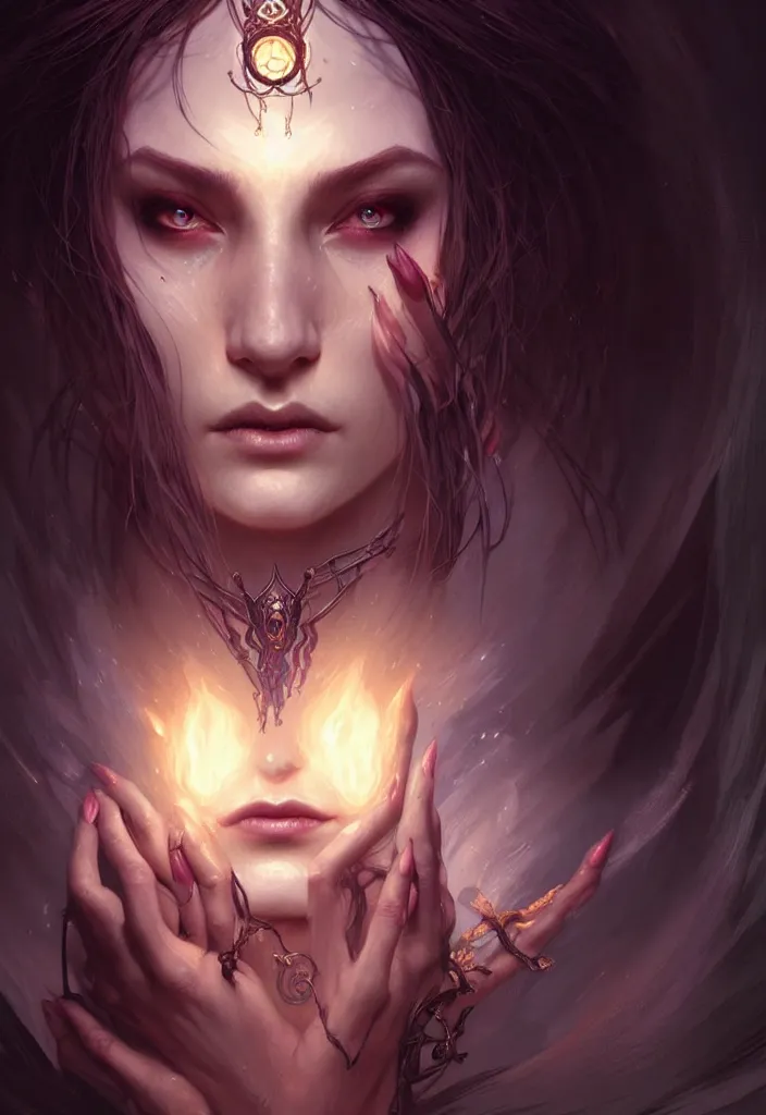 Image similar to Necromancer Sorceress face in center, fantasy magic, undercut hairstyle, dark light night, intricate, elegant, sharp focus, illustration, highly detailed, digital painting, concept art, matte, art by WLOP and Artgerm and Greg Rutkowski and Alphonse Mucha, masterpiece