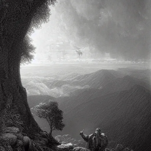 Image similar to A widow looks from a mountaintop, mountains, gorgeous view, velly distant forest, distant city, distant glow, night, moon, dramatic light, Chiaroscuro, long shadows, dark, thunderclouds, masterpiece, high detail, detailed, illustration by Paul Gustave Doré