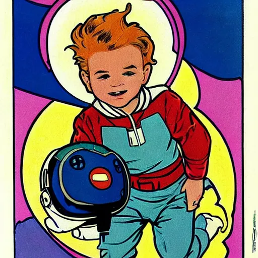 Image similar to a cute little boy with a mischievous face and short ginger hair. he is dressed as an astronaut. well composed, clean elegant painting, beautiful detailed face. comic book art by steve ditko and jack kirby and ( alphonse mucha )