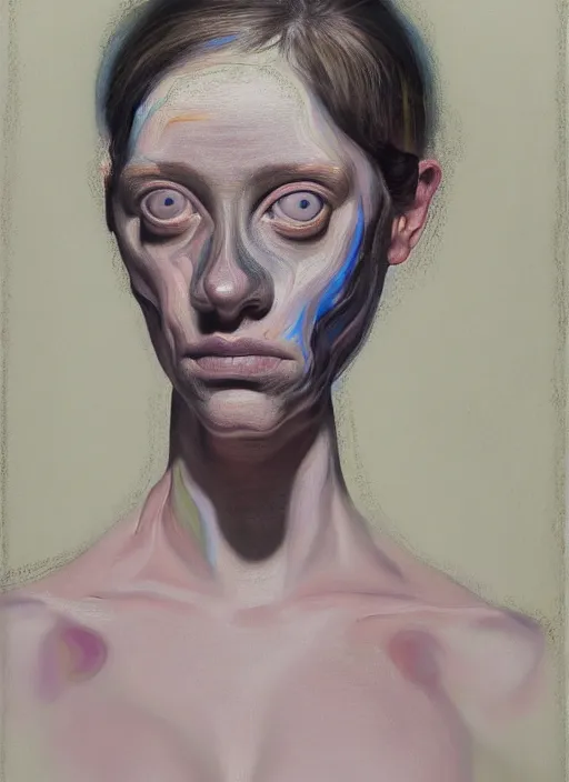 Image similar to a strange, biomorphic painting of a woman with large eyes, in pastel colours in the style of jenny saville, in the style of charlie immer, highly detailed, emotionally evoking, head in focus, volumetric lighting, oil painting, timeless disturbing masterpiece