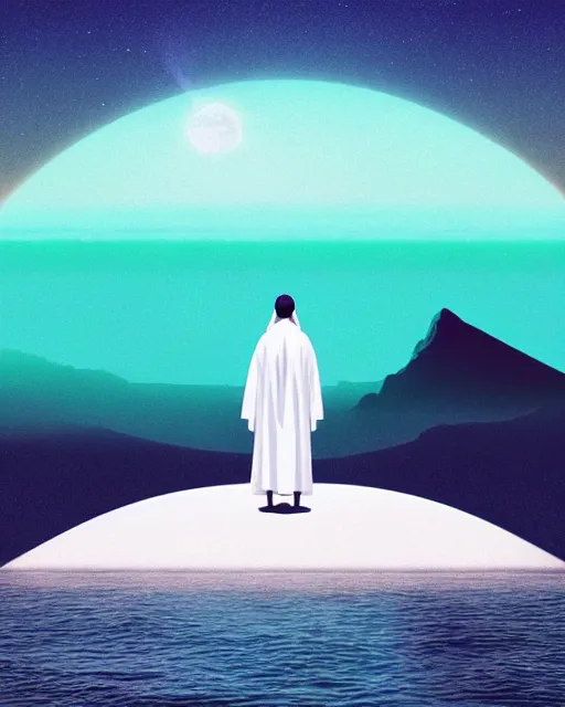 Image similar to a person wearing a white cloak standing in the water. a large planet is overhead. an album cover by stanley twardowicz, trending on cg society, retrofuturism, retrowave, chillwave, synthwave