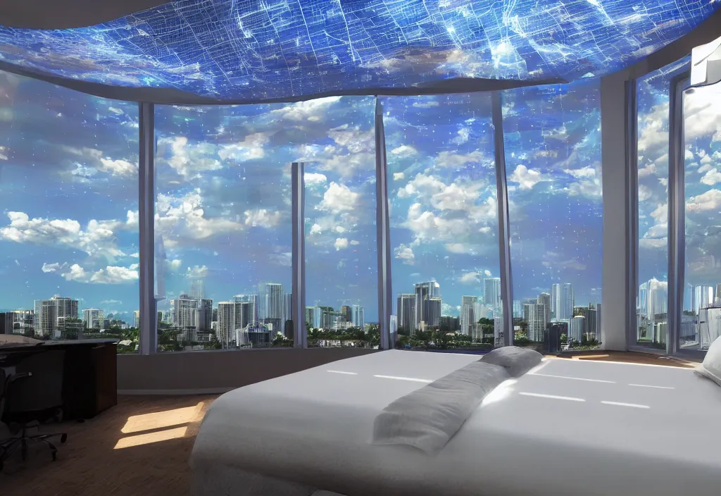 Image similar to curved translucent windows projecting florida hologram weathermap, pixel perfect photograph, high contrast, volumetric lighting, thin glowing lights, bedroom, visor, users, pair of keycards on table