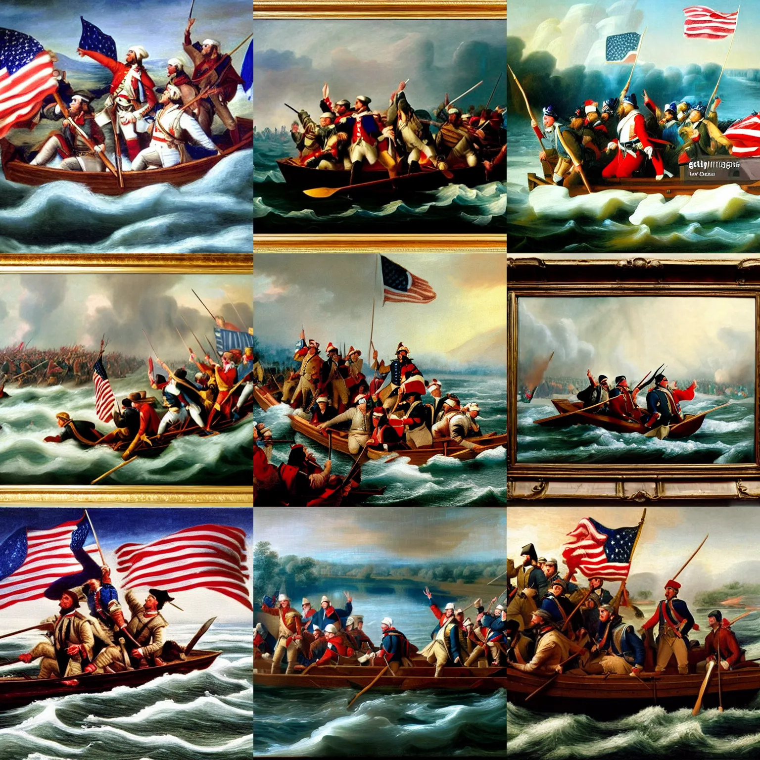 Prompt: Washington Crossing the Delaware, Dramatic Portrait Oil on Canvas, Heroic Patriotic Godd Bless America