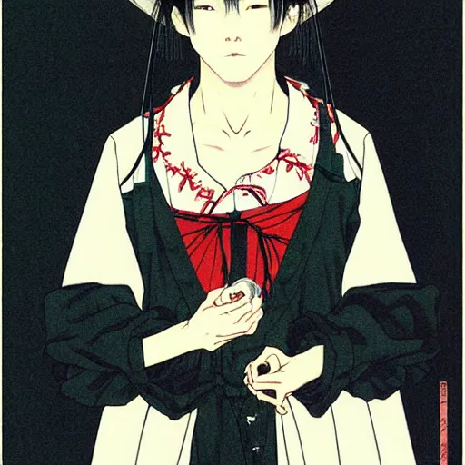 Image similar to painting of grumpy handsome beautiful man named min - jun in a french maid outfit, elegant, clear, painting, stylized, delicate facial features, soft, art, art by takato yamamoto