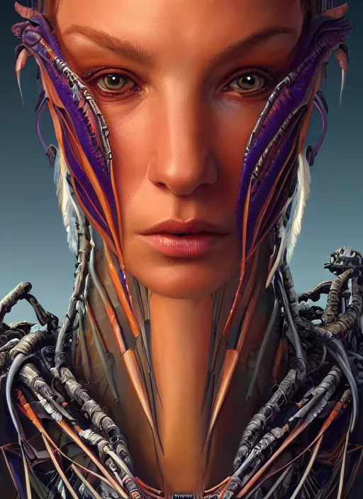 Image similar to asymmetrical!! portrait of an alien with parts of other aliens forming its face in the style of, machine face, intricate, elegant, highly detailed, digital painting, artstation, concept art, smooth, sharp focus, illustration, art by artgerm and greg rutkowski and alphonse mucha, horizon zero dawn 8 k