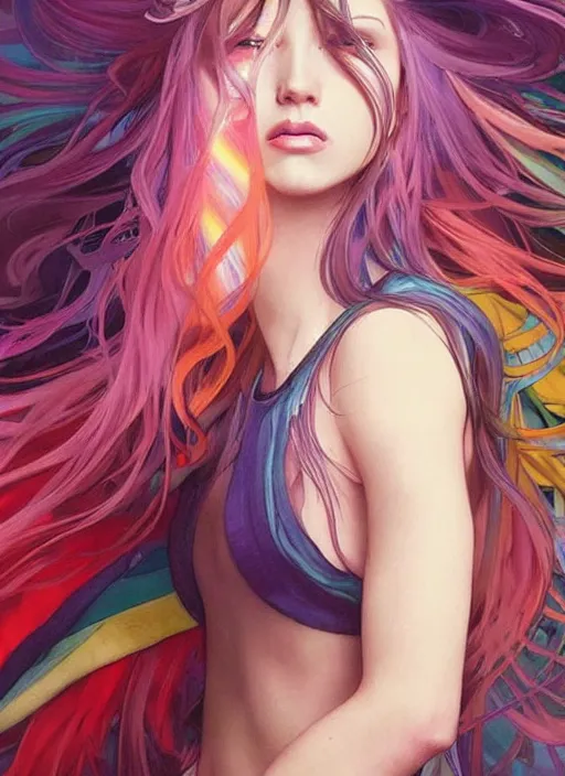 Image similar to a young woman with beautiful rainbow hair. she looks very angry. beautiful painting by artgerm and greg rutkowski and alphonse mucha