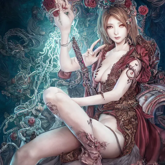 Image similar to the portrait of chaotic evil sensual female necromancer mastermind as absurdly beautiful, gorgeous, elegant, sophisticated young gravure idol, an ultrafine hyperdetailed illustration by kim jung gi, irakli nadar, intricate linework, bright colors, octopath traveler, final fantasy, unreal engine 5 highly rendered, global illumination, radiant light, detailed and intricate environment