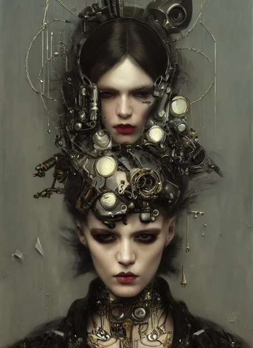 Prompt: highly detailed oil painting | very intricate | cinematic lighting | award - winning | cyberpunk goth fashion by alexander mcqueen | by roberto ferri, by tom bagshaw, by j. c. leyendecker and klimt, american romanticism, by austin osman spare, artstation, cgsociety, official art, octane