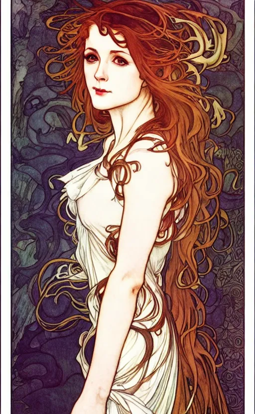 Image similar to in the style of artgerm, arthur rackham, alphonse mucha, evan rachel wood, symmetrical eyes, symmetrical face, flowing white dress, hair blowing, full body, intricate filagree, warm colors, cool offset colors