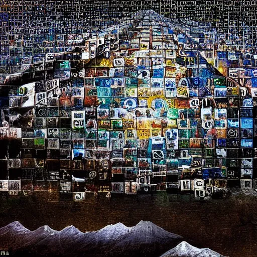 Image similar to a mountain made out of computer screens that display bitcoin logos, cinematic, post - apocalyptic landscape, harsh contrast lighting, in the style of surrealism, made by salvador dali