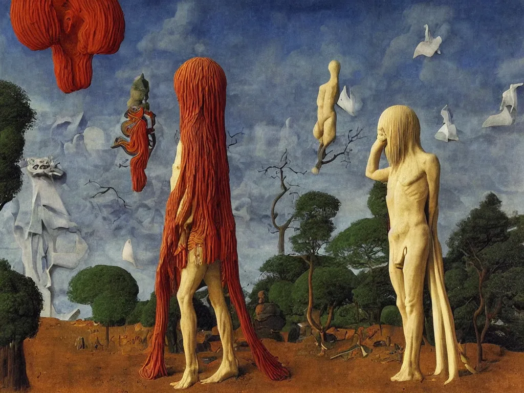 Image similar to albino mystic, with his back turned, looking at a giant totemic African statue, archaic, geometric, strange god, mound, rock. Painting by Jan van Eyck, Audubon, Rene Magritte, Agnes Pelton, Max Ernst, Walton Ford