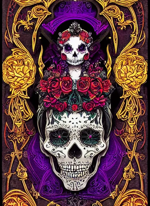 Prompt: La Catrina + black paper + elements + red + purple + gold + neon + baroque + rococo + white + orange+ ink + playing card with ornate border + marc Simonetti, paul pope, peter mohrbacher, Alfonse Mucha detailed, intricate ink illustration