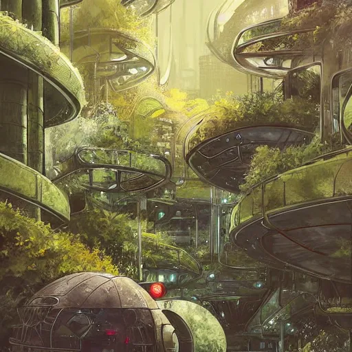 Prompt: Narrow cosy stream in beautiful overgrown futuristic sci-fi city in harmony with nature. Nice colour scheme, soft warm colour. Beautiful detailed watercolor by Lurid. (2022)