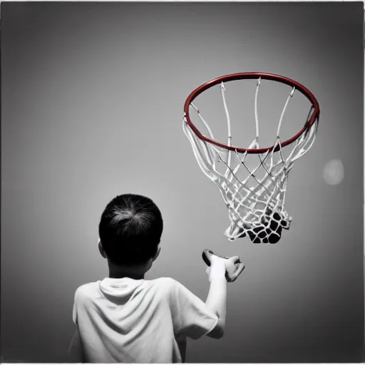 Image similar to a black and white photo of a kid shooting a basketball, mid shot, medium photography, camera angle from behind