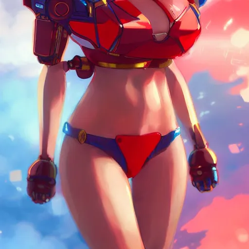 Image similar to digital anime art, very small cute girl on a large table, red mech arms and red mech legs, blue watery eyes!!!, short gold hair!!!, red bikini, full body!!!, wlop, rossdraws
