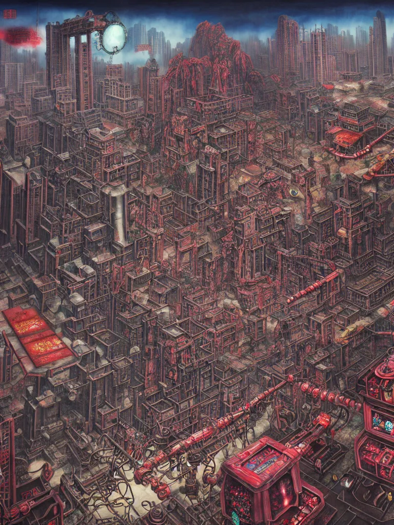 Image similar to realistic detailed image of Horror Machine Consuming A city by Hou Yimin, Dan Howard, Allan Houser, Alice Hunt and Peter Hurd, Neo-Pagan, rich deep colors. Painting by Byun Shi Ji and Jiang Feng masterpiece