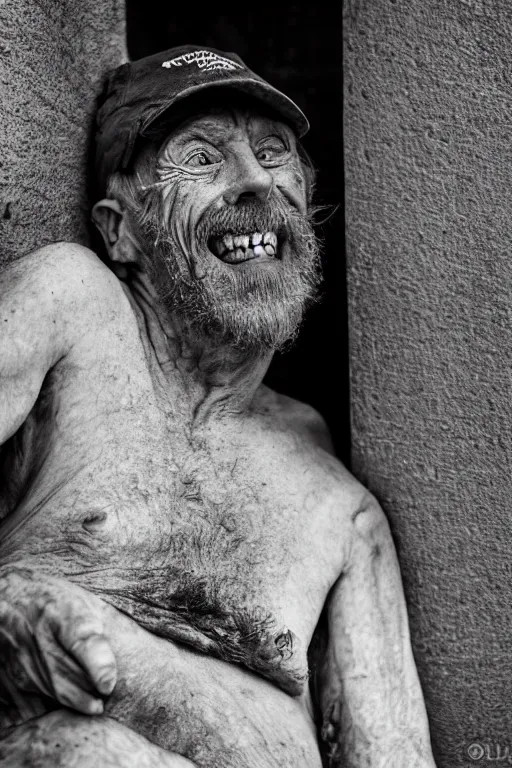 Image similar to 3 / 4 body photo of a old ginger men crackhead! with disgusting teeth, shady dark backalley at night, nerdy appearance, smooth, sharp, 8 5 mm, f / 1. 3