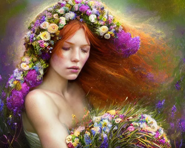 Image similar to cute female bride laying down and swathed in flowers, perfect face, tiara, ginger hair, abs, cinematic, freckles, stunning, athletic, strong, agile, highly detailed, psychedelic, digital painting, artstation, smooth, hard focus, illustration, art by jessica rossier and and brian froud