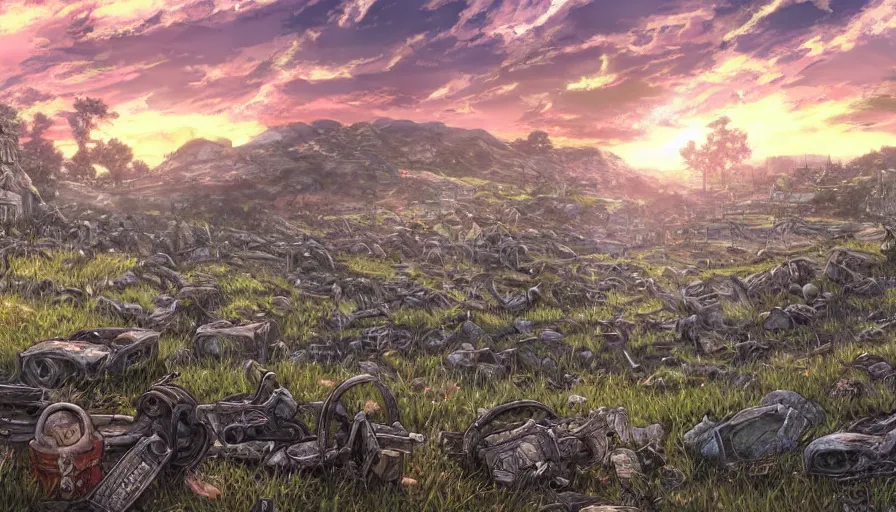 Prompt: the beautiful, chilling, panoramic view of a field covered with dead soldiers calvary and rocks at dusk. hyperrealistic anime background illustration by kim jung ki, borderlands, colorful, extremely detailed intricate linework, smooth, super sharp focus, bright colors, high contrast, matte, octopath traveler, unreal engine 5 highly rendered, global illumination, radiant light