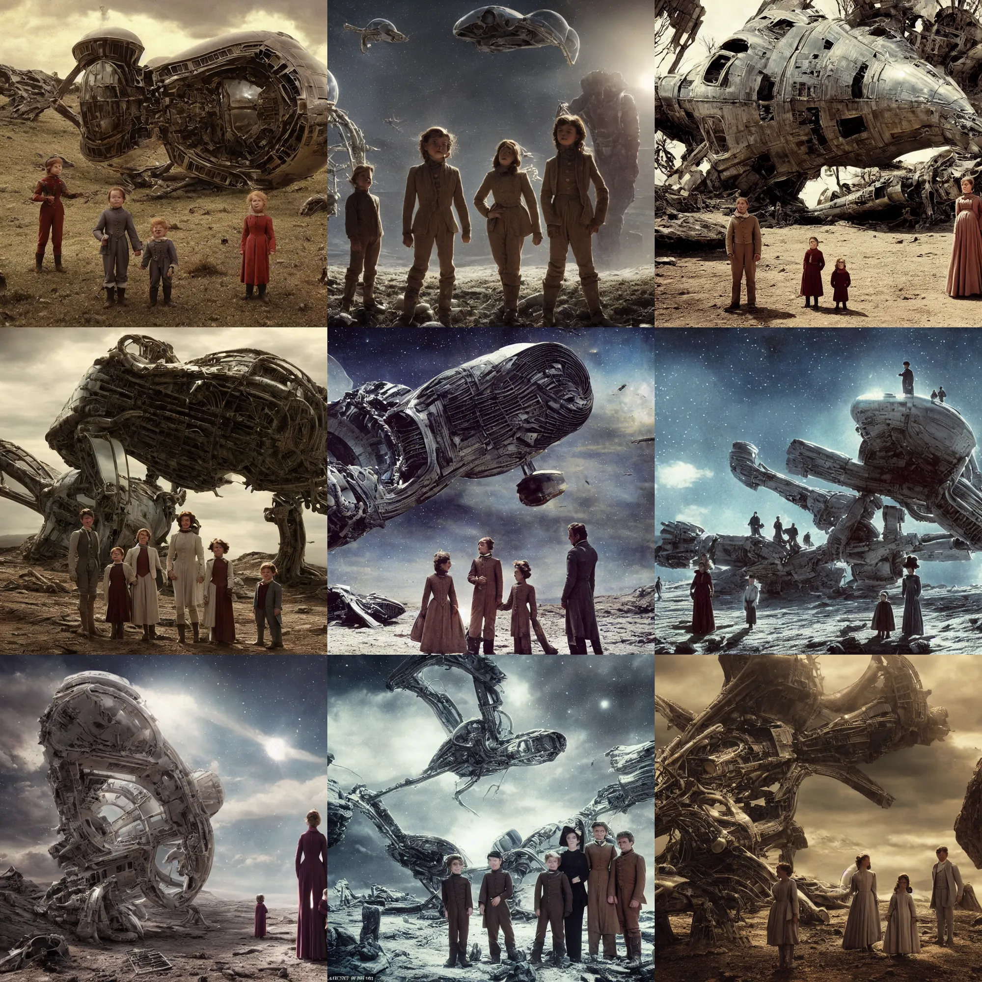 Prompt: extremely sharply detailed, from blockbuster 8 k sci fi color movie freeze frame, set 1 8 6 0, family standing in front of crashed spaceship, on alien planet, looking happy, wearing 1 8 5 0 s era clothes, atmospheric lighting, in focus, reflective eyes, 8 mm lens, live action, nice composition and photography, clear faces